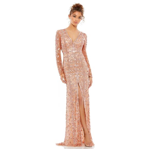 Mac Duggal 5002 Rose Gold Floral Pink Front Slit Beaded Sequin Gown 8 NWT - Picture 1 of 6